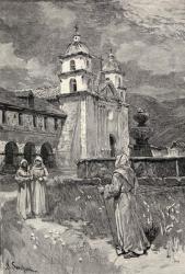 Fountain and mission, Santa Barbara, California, from 'The Century Illustrated Monthly Magazine', May to October, 1883 (engraving) | Obraz na stenu