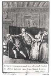 'Le Baron...chassa Candide du Chateau a grands coups de pied dans le derriere', illustration from chapter 1 of 'Candide' by Francois Voltaire (1694-1778) engraved by Jean Dambrun (1741-p.1808) 1787 (engraving) (b/w photo) | Obraz na stenu