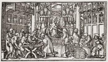 A sale of Indulgences during the Tudor period in England. Indulgences were pardons for sins, sold by the Catholic church to raise money. From a contemporary print. | Obraz na stenu