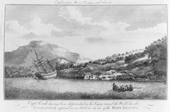Captain Cook having been shipwrecked in his voyage round the world has the Endeavour repaired in a harbour on one of the Hope Islands, engraved for Moore's 'Voyages and Travels', 18th century (engraving) (b/w photo) | Obraz na stenu