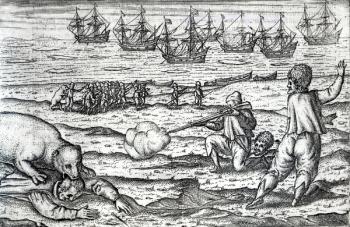 Sailors attacked by polar bears, illustration from 'Diarium Nauticum, seu vera descriptio trium navigationum admirandarum...' by Gerrit de Veer, 1598 (engraving) | Obraz na stenu