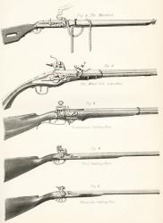 Early types of firearms. 1. The Matchlock 2. The Wheel lock arquebus 3. Snaphaunce fowling piece 4. Flint fowling piece 5. Percussion fowling piece. From The National Encyclopaedia, published c.1890. | Obraz na stenu