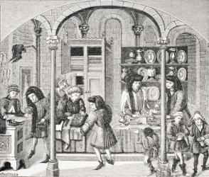 Shops under a Covered Market, after a miniature in a 14th century translation of Aristotle's 'Ethics and Politics' by Nicolas Oresme (c.1323-82) from 'Le Moyen Age et La Renaissance' by Paul Lacroix (1806-84) published 1847 (litho) | Obraz na stenu