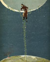 Baron Munchausen climbs up to the moon by way of a Turkey bean plant, from 'The Adventures of Baron Munchausen' by Rudolf Erich Raspe (1736-94) published c.1886 (colour litho) | Obraz na stenu