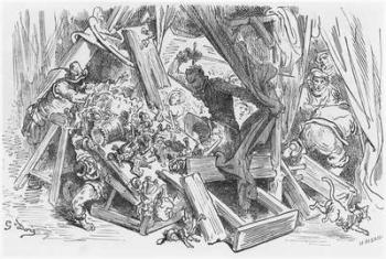 Don Quixote fighting the puppets, illustration from 'Don Quixote de la Mancha' by Miguel Cervantes (1547-1616) engraved by Heliodore Joseph Pisan (1822-90) (engraving) (b/w photo) | Obraz na stenu