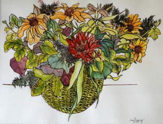 Rudbeckia with foliage in a basket, 2011,(pen, ink and watercolour) | Obraz na stenu