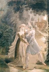 Blanca and Abon Hamet in the Gardens of the Alhambra, from 'Le Dernier des Abencerages' by Francois Rene (1768-1848) Vicomte de Chateaubriand (pen & ink and w/c on paper) | Obraz na stenu