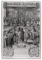 Dinner of Louis XIV (1638-1715) at the Hotel de ville, 30th January 1687, from Calendar of the year 1688 (engraving) (b/w photo) | Obraz na stenu