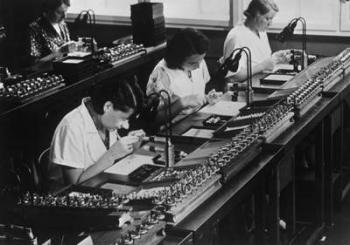 Assembly line for television broadcasting equipment at the Telefunken manufacturing plant, Berlin, c.1935 (b/w photo) | Obraz na stenu