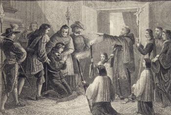 Exorcism of Carlos II of Spain (1665-1700) c.1698 (engraving) | Obraz na stenu