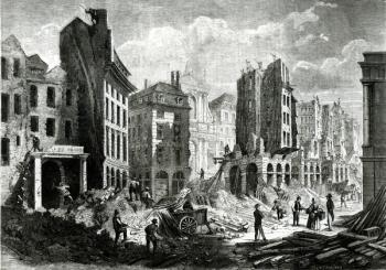 Construction of the Boulevard de Sebastopol (now the Boulevard du Palais), in the Second Empire. View of the demolition of the Rue de la Barillerie in 1859, pub. by Henry Duff Linton (1815-99) (engraving) (b/w print) | Obraz na stenu