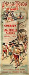 Poster advertising a bullfight at the Plaza de Toros, Nimes, 1st August 1897, engraved by J. Ortega (colour litho) | Obraz na stenu