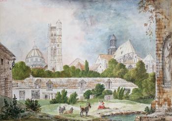 The New Church of Sainte-Genevieve and Saint-Etienne-du-Mont Seen from the Ruins of the Abbey of Sainte-Genevieve in Paris, 1807 (w/c & ink on paper) | Obraz na stenu