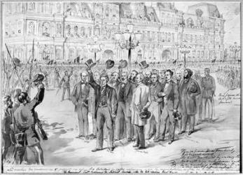Members of the provisional government reviewing the National Guards outside the Hotel de Ville in Paris on the 31st October 1870, c.1870 (pen & ink on paper) (b/w photo) | Obraz na stenu