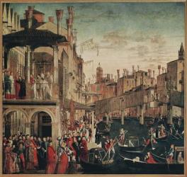 The Miracle of the Relic of the True Cross on the Rialto Bridge, 1494 (oil on canvas) (see also 119437) | Obraz na stenu