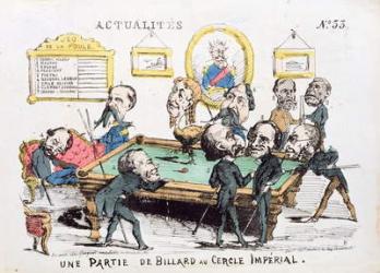 'Une Partie de Billard au Cercle Imperial', caricature of Second Empire society, issue 33 of 'Actualites', 1870 (coloured engraving) | Obraz na stenu