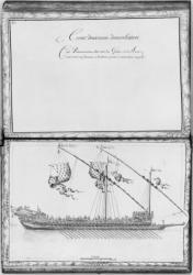 A galley with oars and flags, thirty-second demonstration, plate 33, illustration from 'Demonstrations de toutes les pieces de bois, cloux et ferremens qui entrent dans la construction d'une galere...' (pencil & w/c on paper) (b/w photo) | Obraz na stenu