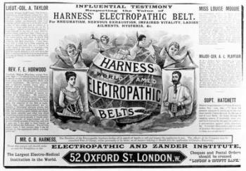 Advertisement for 'Harness world famed Electropathic Belts', c.1890 (engraving) | Obraz na stenu