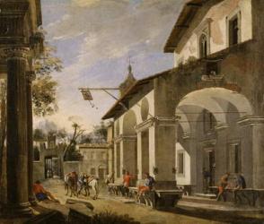 Courtyard of an Inn with Classical Ruins, 1621-47 (oil on canvas) | Obraz na stenu