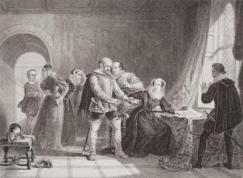 Mary Queen of Scots (1542-87) compelled to sign her abdication in Lochleven Castle in 1567, from 'Illustrations of English and Scottish History' Volume I (engraving) | Obraz na stenu
