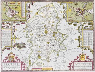 Stafford County and Town, engraved by Jodocus Hondius (1563-1612) from John Speed's 'Theatre of the Empire of Great Britain', pub. by John Sudbury and George Humble, 1611-12 (hand coloured copper engraving) | Obraz na stenu