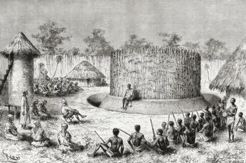 Reception for explorer Pietro Paolo Savorgnan di Brazza in the village of Chief Mkewe, Tanzania, from 'Africa Pintoresca', published 1888 (engraving) | Obraz na stenu