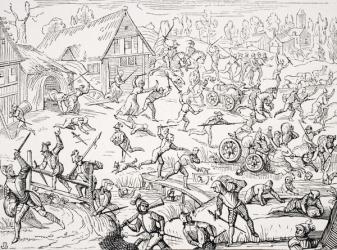 A Village Pillaged by Soldiers, copy of a woodcut from Hamelmann's 'Oldenburgisches Chronicon', published 1599, from 'Le Moyen Age et La Renaissance' by Paul Lacroix (1806-84) published 1847 (litho) | Obraz na stenu