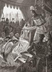 Philippa of Hainaut persuading her husband king Edward III, to spare the lives of the Burghers of Calais in 1347. Philippa of Hainaut, 1314 1369. Queen of England as the wife of King Edward III. From Cassell's History of England, published c.1901 | Obraz na stenu
