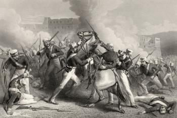 Death of Brigadier Adrian Hope in the attack on the Fort of Roodmow, 15th April 1858, from 'The History of the Indian Mutiny' published in 1858 (engraving) | Obraz na stenu
