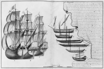 A Dutch store ship, boats known as pinasses and various small boats, Bayonne, illustration from 'Desseins des differentes manieres de vaisseaux...deouis Nantes jusqu'a Bayonne...', 1679 (pencil & w/c on paper) (b/w photo) | Obraz na stenu