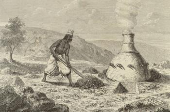 Native smelting iron ore in Fouta Djallon, Guinea, 1850s, from `Le Tour du Monde', published Paris, 1860s (litho) | Obraz na stenu