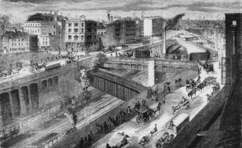 Farringdon Road and the Metropolitan Railway looking north, 1868 (engraving) | Obraz na stenu