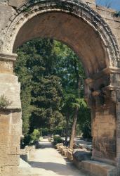 View of the Allee de Sarcophages through the remains of the entrance of the Church of St. Cesaire le Vieux (photo) | Obraz na stenu