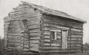 One room, one window, dirt floor log cabin at Sinking Spring Farm, Hardin County, Kentucky, America, where Abraham Lincoln was born. Abraham Lincoln, 1809  1865. 16th President of the United States of America. From Abraham Lincoln, The Prairie Years, pub | Obraz na stenu