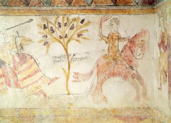 A knight carrying a flaming torch dragging the body of King Manfred (c.1232-66) of Sicily, 28th February 1266 (fresco) | Obraz na stenu
