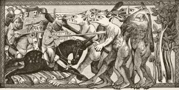 How Alexander engaged in combat with men having horses' heads and vomiting smoke from their mouths, from 'Science and Literature in the Middle Ages' by Paul Lacroix (1806-84) published London 1878 (litho) | Obraz na stenu
