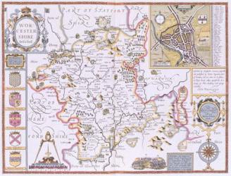 Worchestershire, engraved by Jodocus Hondius (1563-1612) from John Speed's 'Theatre of the Empire of Great Britain',pub. by John Sudbury and George Humble 1611-12 (hand coloured copper engraving) | Obraz na stenu