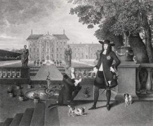 John Rose (c.1621-77) the King's Gardener, Presenting Charles II (1630-85) with the First Pineapple Grown in England, at Dorney Court, c.1670 (engraving) (b/w photo) | Obraz na stenu