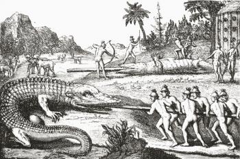 Hunting alligators in the Southern States of America, from an illustration in the 16th century book De Bry's Travels. From The Strand Magazine published 1897. | Obraz na stenu