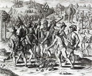 Spaniards receiving gifts from Indians, from 'History', 1598, engraved by Theodor de Bry (1528-98) (engraving) | Obraz na stenu