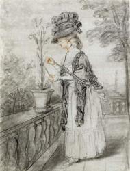 Lady on a Terrace Tending a Carnation Plant (black, red and white chalk on paper) | Obraz na stenu