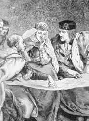 Christopher Columbus (1451-1506) describes his voyage to the Americas to King Ferdinand II (1452-1516) and Queen Isabella (1451-1504) (engraving) | Obraz na stenu