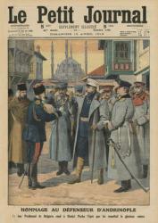 Tribute to the defender of Andrianople, Czar Ferdinand I of Bulgaria gives back to Shukri Pasha the sword of the glorious defeated, front cover illustration from 'Le Petit Journal', supplement illustre, 13th April 1913 (colour litho) | Obraz na stenu