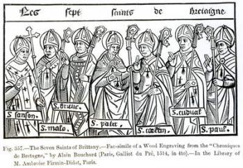 The Seven Saints of Brittany, from 'Chroniques de Bretagne'by Alain Bouchard, 1514, illustration from 'Science and Literature in the Middle Ages and Renaissance', written and engraved by Paul Lacroix, 1878 (engraving) (b/w photo) | Obraz na stenu