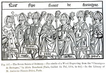 The Seven Saints of Brittany, from 'Chroniques de Bretagne'by Alain Bouchard, 1514, illustration from 'Science and Literature in the Middle Ages and Renaissance', written and engraved by Paul Lacroix, 1878 (engraving) (b/w photo) | Obraz na stenu