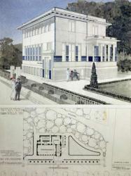 Villa Wagner, Vienna, design showing the exterior of the house, built of steel and concrete in severe geometric style with deep blue panels and nailhead ornament, with below a plan of the house and grounds, 1913 (coloured pencil) | Obraz na stenu