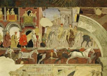 Allegory of April: a performance at the Borso d'Este square, detail of horses and donkeys running, 1469-70, (fresco) | Obraz na stenu
