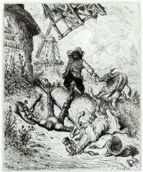 Don Quixote and the Windmills, from 'Don Quixote de la Mancha' by Miguel Cervantes (1547-1616) engraved by Heliodore Joseph Pisan (1822-90) (engraving) (b/w photo) | Obraz na stenu