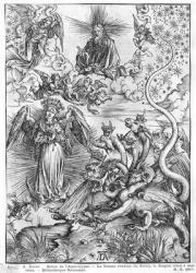 Scene from the Apocalypse, The woman clothed with the sun and the seven-headed dragon, Latin edition, 1511 (woodcut) (b/w photo) | Obraz na stenu