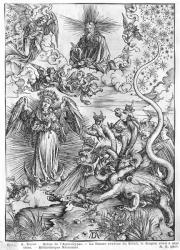 Scene from the Apocalypse, The woman clothed with the sun and the seven-headed dragon, Latin edition, 1511 (woodcut) (b/w photo) | Obraz na stenu